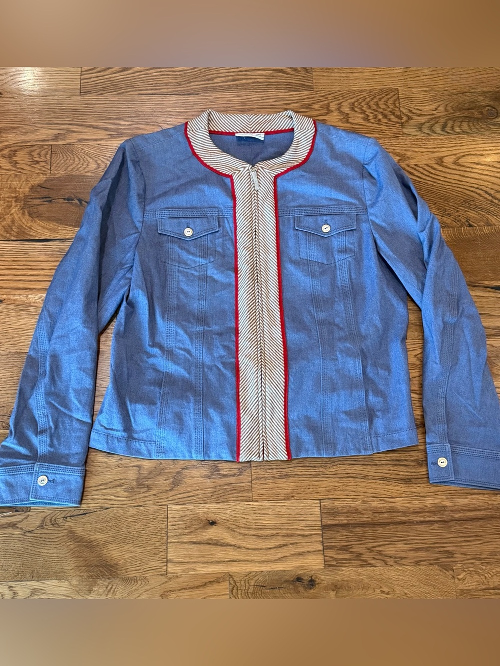 St. John. Denim Full-Zip Jacket w/Knit Trim. Size Medium..
